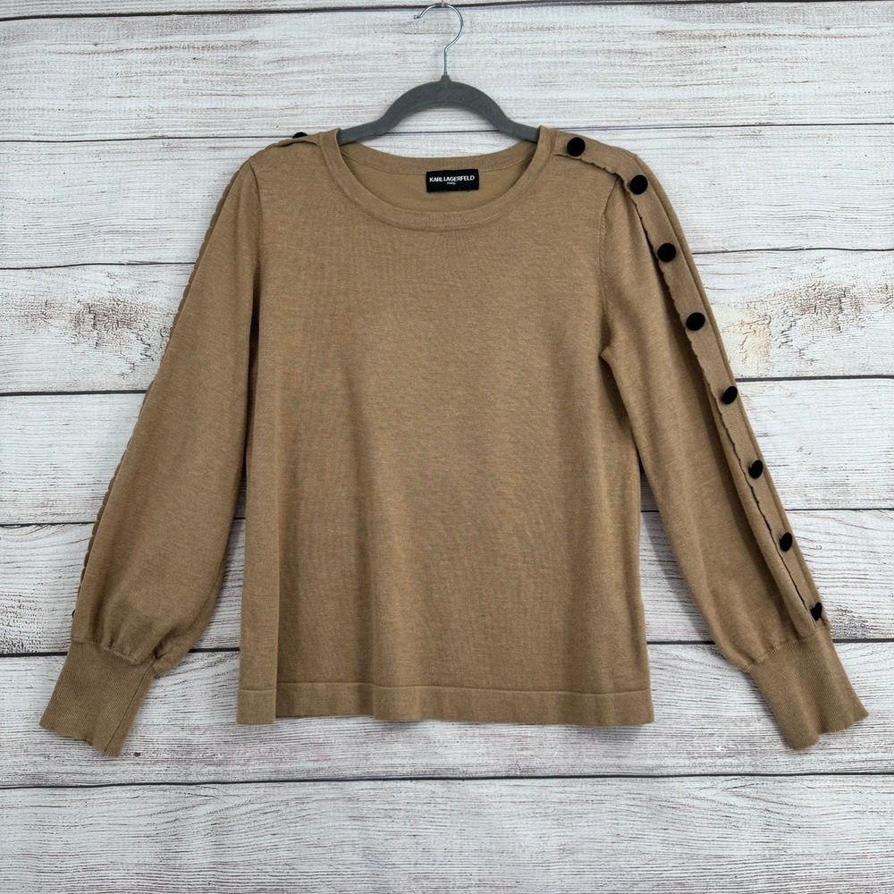 Karl Lagerfeld Paris Sweater Womens S Tan Button Sleeve Balloon Rayon L1ZSS797